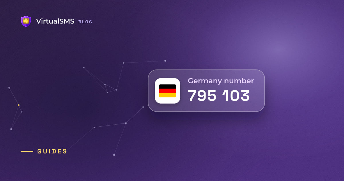 Glass SMS notification chip with the Germany flag and a verification code on a constellation purple background