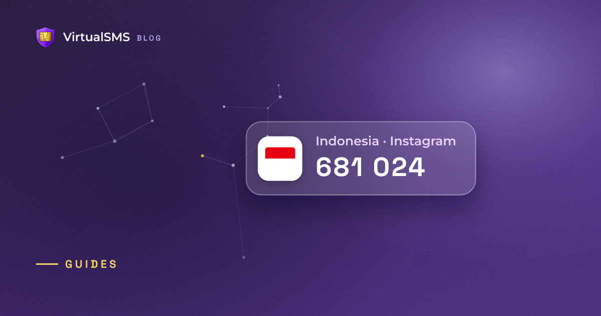 Glass SMS notification chip with the Indonesia flag and a verification code on a constellation purple background