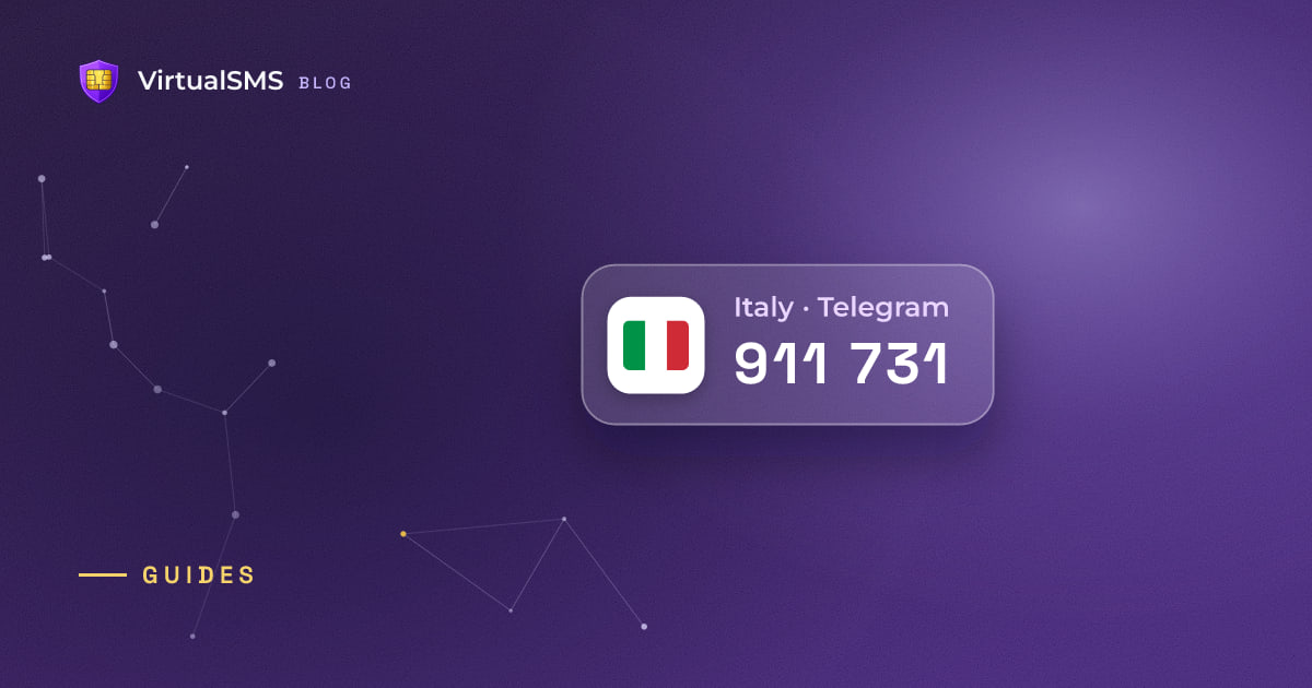 Glass SMS notification chip with the Italy flag and a verification code on a constellation purple background