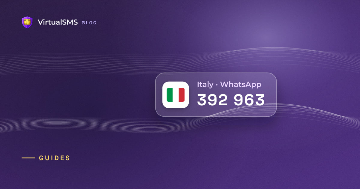 Glass SMS notification chip with the Italy flag and a verification code on a waves purple background