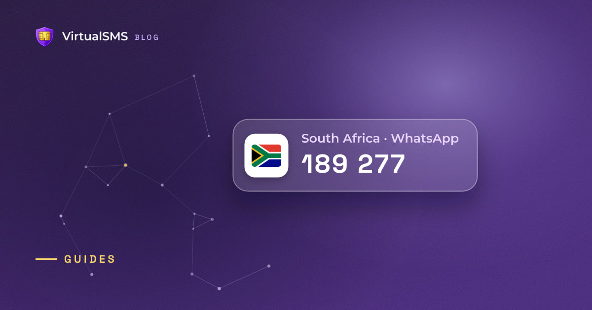 Glass SMS notification chip with the South Africa flag and a verification code on a constellation purple background