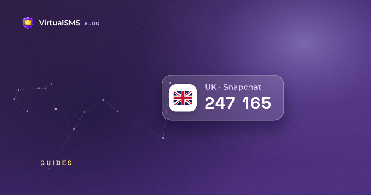 Glass SMS notification chip with the UK flag and a verification code on a constellation purple background
