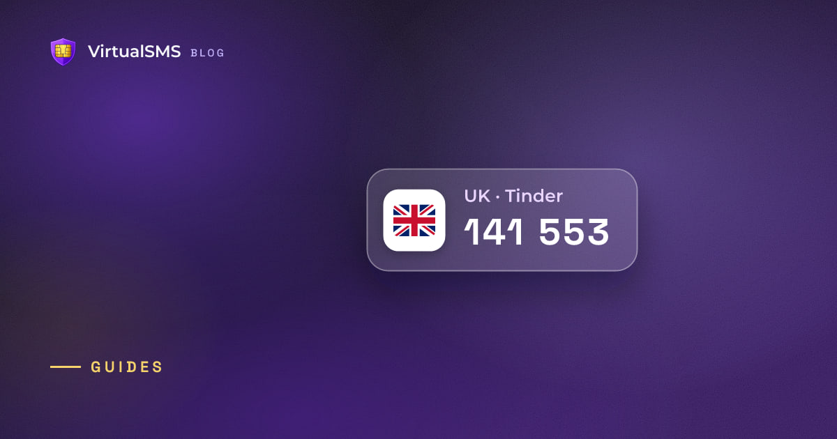 Glass SMS notification chip with the UK flag and a verification code on a aurora purple background