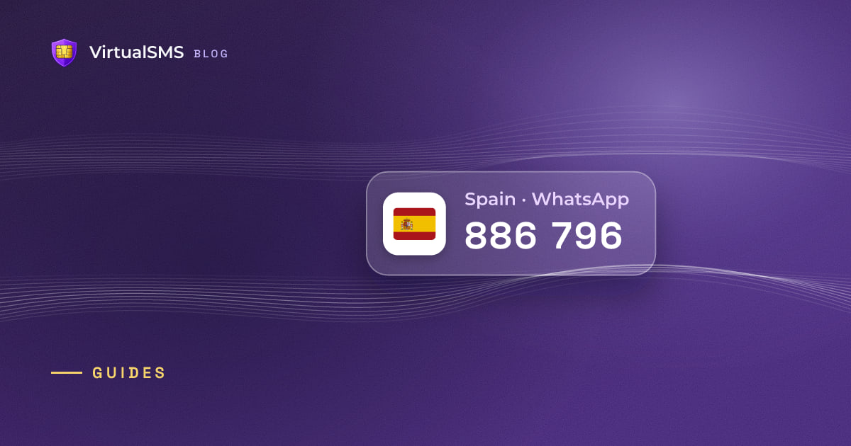Glass SMS notification chip with the Spain flag and a verification code on a waves purple background