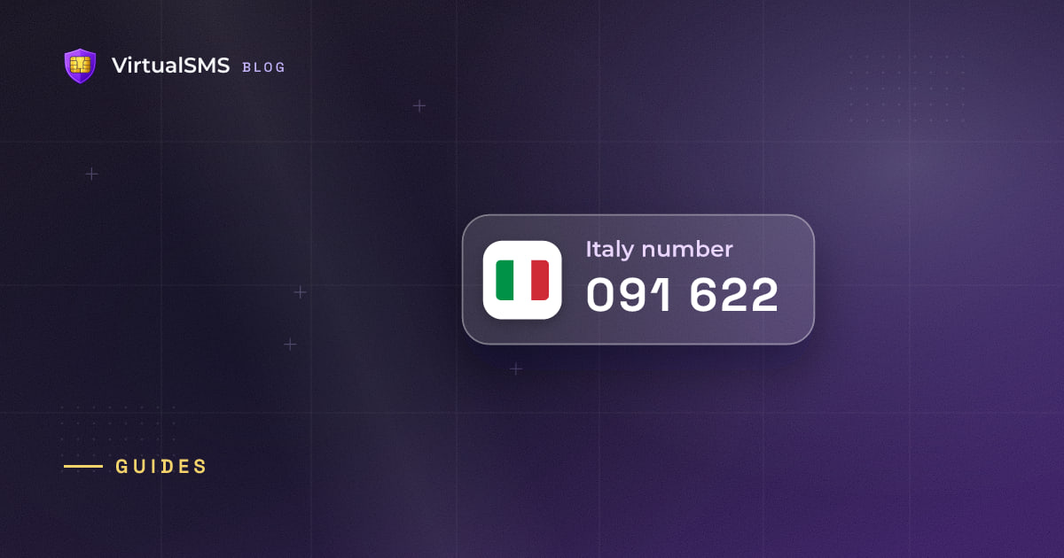 Glass SMS notification chip with the Italy flag and a verification code on a blueprint purple background