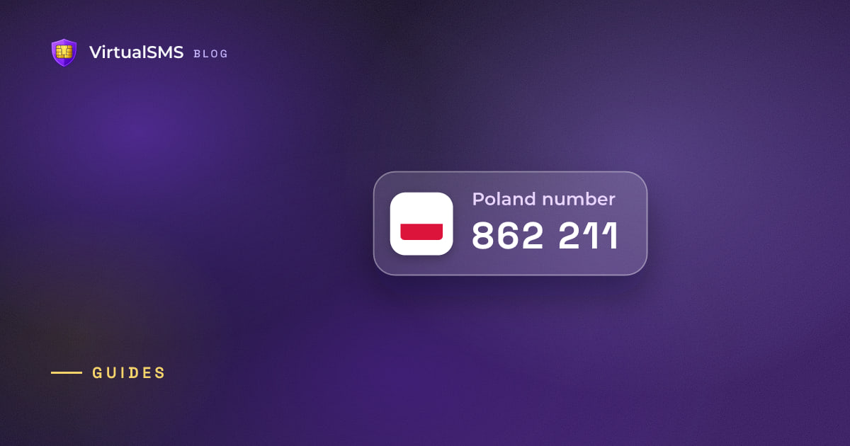 Glass SMS notification chip with the Poland flag and a verification code on a aurora purple background