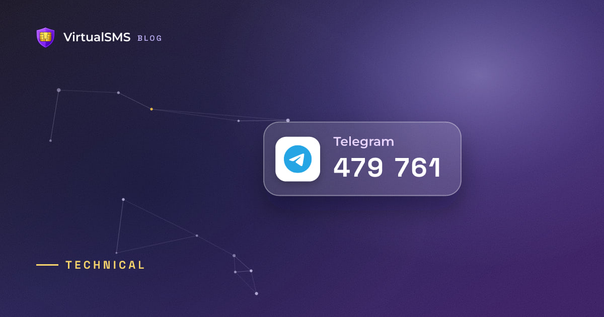 Glass SMS notification chip with the Telegram icon and a verification code on a constellation purple background