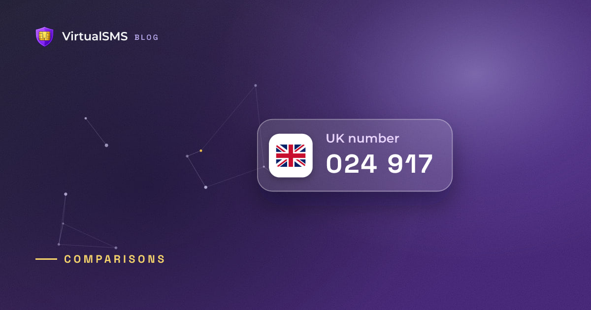 Glass SMS notification chip with the UK flag and a verification code on a constellation purple background