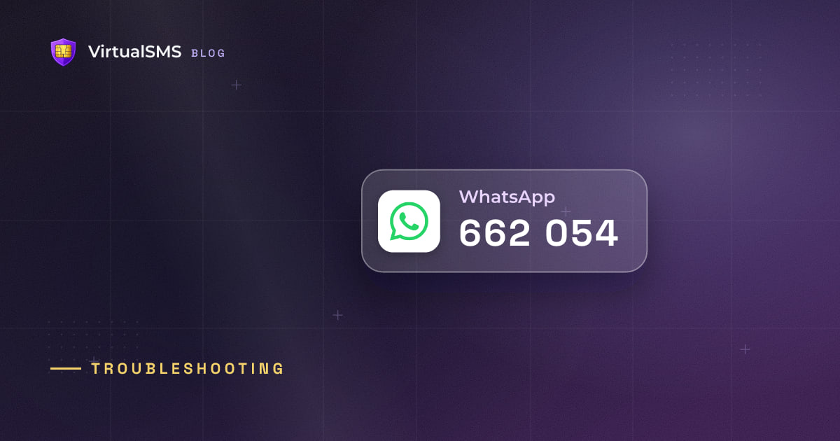 Glass SMS notification chip with the WhatsApp icon and a verification code on a blueprint purple background