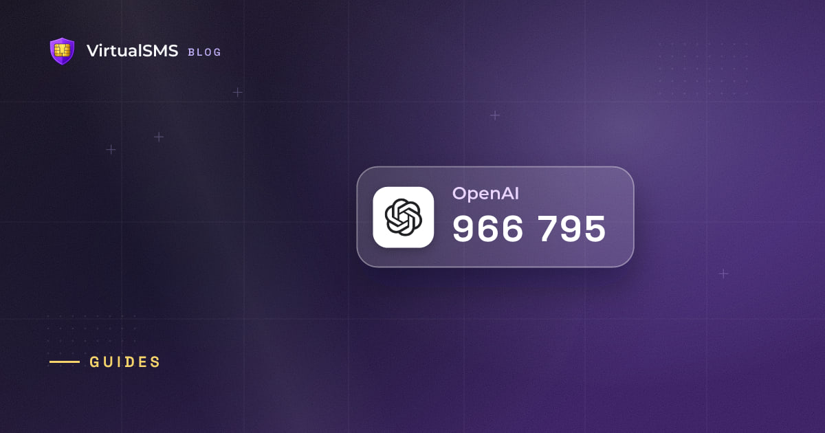 Glass SMS notification chip with the OpenAI icon and a verification code on a blueprint purple background